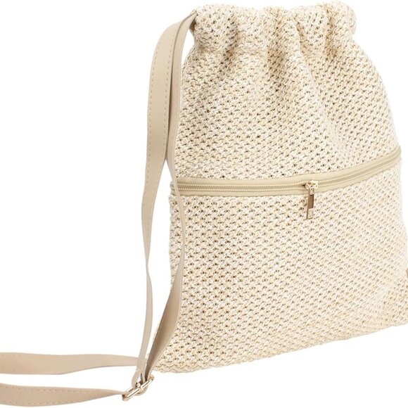 Women Straw Woven Small Backpack Drawstring Shoulder Bag for Daily Use - Picture 3 of 7